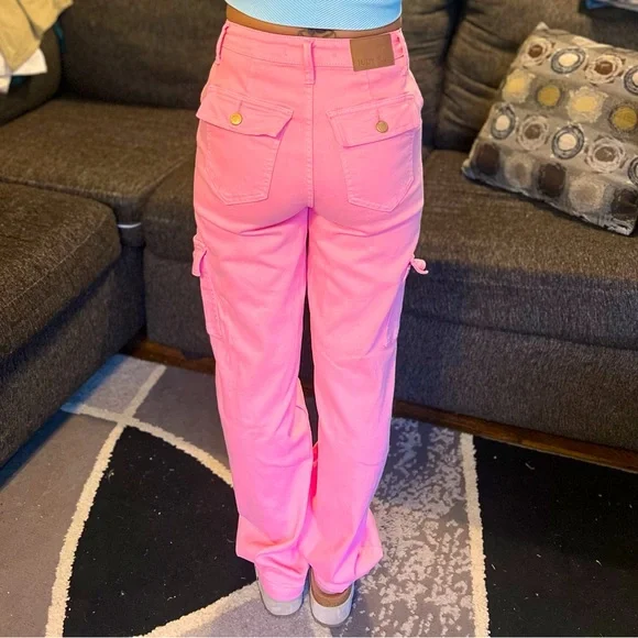 Judy Blue High Rise Pink Garment Dyed Cargo Straight Leg Jeans - Picture 2 of 4